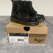 DR MARTENS Air Wair 1460 Kids Size 9 Black Patent Lamper Lace Up Ankle Boots NWB