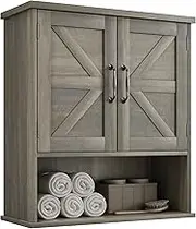 Mino Kesper Bathroom Wall Cabinet with Barn Doors, Wall Mounted Bathroom Storage Cabinet, Farmhouse Style, Adjustable Shelf, Wall Mounted, Grey