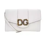 Dolce & Gabbana Leather Clutch Strap Bag DG Amore Beads Gold Logo White