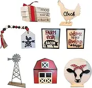 Farmhouse Tabletop Signs | 8X Wooden Kitchen Table Decor | Creative Rooster Sign, Cow Centerpiece for Living Room Bedroom
