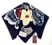Gucci Silk Wrap Logo Kris Knight Butterfly Black Floral Crepe Scarf