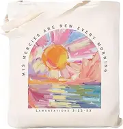 [Haukea] Canvas Aesthetic Tote Bag with Inner Pockets, Cute Cloth Cotton Tote Bags for Women Graphic Tote Bag for School