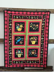 Handmade Pieced and Quilted Patchwork Quilt 44" x 34" Art Wall Baby Flowers