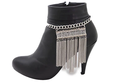 Women Silver Metal Chain Boot Bracelet Shoe Fringe Tassel Native Look Fun Charm
