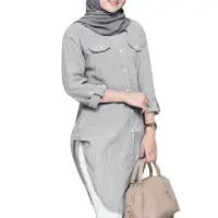 在飛比找蝦皮商城優惠-Hijabista 女士穆斯林休閒長袖日常條紋印花口袋襯衫