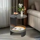 2 Tier C-Shaped End Table Accent Table with Glass Top & Microfiber Leather Shelf