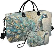[ZRYSMY] Peacock Gold Green Duffel Bag for Traveling, Travel Bag Gym Bag, with Multiple Interior Pockets Shoulder Weekender Bag for Women Men with Toiletry Bag 20.5L x 1.9W x 13.8H, Multi-Colored, one