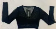 Pretty Little Thing Shape Black Mesh Panel Detail Long Sleeve Crop Top Sz 4 NWT