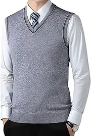 [SWJGLITTR] Men's Sleeveless Knitted Vest V Neck Pullover Waistcoats Relaxed Fit Wool Blended Vests, Light Gray, Medium