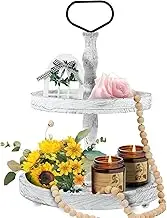 Abizarch Wooden 2 Tiered Tray Cake Stand,Rustic Farmhouse Cupcake Serving Tray Decor with Handle,White Decorative Cake Holder,2 Tier Round Food Display Stands for Dessert Snack Holiday Decoration
