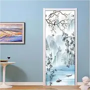 Door Stickers Wall Decals Door Mural 3D Ink and Flower Bird Door Sticker DIY Self-Adhesive Waterproof Poster for Home Decor (Size : 95x215cm)