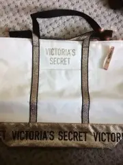NEW VICTORIA'S SECRET SPARKLE CARRYALL Canvas TOTE BAG GOLD SPARKLE LOGO NIB Tag