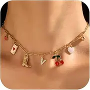 [Your Always Charm] Initial Charm Necklace for Women Boho Beach Letter Necklace Western Cowgirl Hat Boots Cherry Heart Charms Coastal Cowgirl Summer Outfits Beach Essentials Summer Stuff for Teen Girls