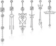 [Irikdescia] Pack of 6 Silver Belly Button Piercings with Long Zirconia Fringes, Elegant Surgical Steel Piercings for Women, Shiny Jewellery for the Belly Button