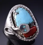 Size 10-1/2 Silver & Turquoise Coral Zuni Men's Ring Signed Effie Calavaza 4L10B