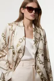 Structured Viscose Satin Chain Print Tailored Double Breasted Blazer