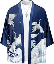 [VOGMATE] Men's Kimono Robe Silky Lightweight Jackets Japanese Cardigan Bathrobe Top Open Front Seven Sleeve Yukata
