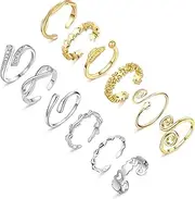 [Acruccen] 12 PCS Toe Rings for Women Adjustable Silver 18K Gold Plated Toe Ring Set Open Heart Flower CZ Star Band Tail Ring Summer Beach Foot Jewelry