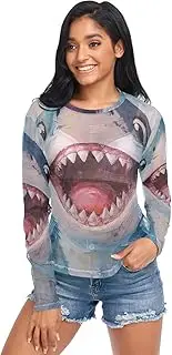 [RPLIFE] Cute Cartoon Sharks Long Sleeve Fishnet Top, Fancy Long Sleeve Shirts for Women S-XXL