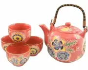 Japanese Tea Set Ceramic Teapot with Rattan Handle and 4 Tea Cups
