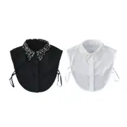 Women Pearls Beaded Lapel Faux Collar Blouse Half Shirt Detachable Layering Top