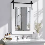 Farmhouse Bathroom Wall Mirror 22”X30” Rustic Barn Door Style Wood Framed White
