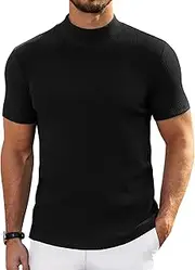 [COOFANDY] Mens Mock Turtleneck Sweater Short Sleeve Turtle Neck T Shirt Casual Ribbed Knited Pullover Tops Solid Basic Tee