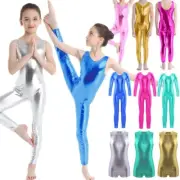 Girls Shiny Metallic Jumpsuits One Piece Tank Unitards Dance Gymnastics Bodysuit
