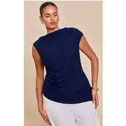 Plus Navy Textured Ruched Asymmetric Long Top, Navy