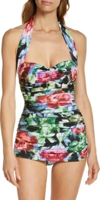 Norma Kamali Women's Floral Bill Mio One Piece Halter Swimsuit Retro 50s XXS NWT