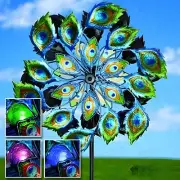 Solar LED Peacock Kinetic Double Wind Spinner Stake Garden Yard Art Decor 63"H