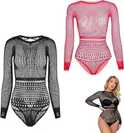 [NSKRKOW] Long Sleeves Fishnet Bodysuits Stretchy See Through Crew Neck Sexy Bodysuit Top Leotard Clubwear