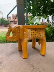 Wooden Elephant Stool Indian Design Handmade Painted Embossed Low Table Decor