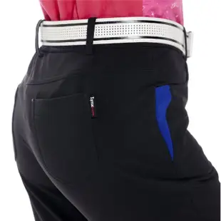 【Lynx Golf】女款日本進口布料彈性舒適LOGO鬆緊帶設計口袋配布剪接造型窄管長褲(黑色)