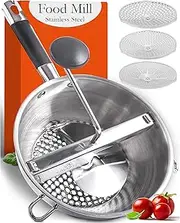 Food Mill Stainless Steel with 3 Discs - Best Rotary Food Mills for Tomato Sauce, Potatoes, Baby Food or Canning - Soft Silicone Handle and Dishwasher Safe - Includes 21 Digital Recipes with Videos