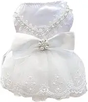UOSIA White Dog Wedding Dress Puppy Tutu Skirt with Bow and Pearl Decoration Luxury Cat Apparel with Leash Ring for Small Dogs Kitten