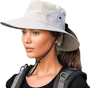 [Feelorna] Women Sun Hat, Foldable Wide Brim Bucket Hats with Ponytail Hole, Breathable Fishing Hat with Adjustable Chin Strap