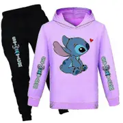 Lilo Stitch Print Kids Tracksuit Set Casual Hooded Sweatshirt Pants Activewear Purple 9-10 Years