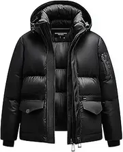 [Sumairah] Mens Black Down Parka Minimalist Lightweight Removable Hood Winter Coat Warm Parka Jackets