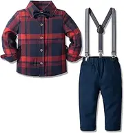 [Angelwilla] Toddler Baby Boys Clothes Outfit Dress Shirt with Tie,Tuxedo Suspenders and Pants 4-Piece Gentleman Suits
