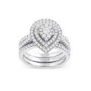10K White Gold 1Ct Diamond Pear Shape Cluster Double Halo Engagement Ring Set