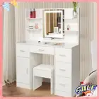Dressing Table Vanity Stool w/ LED Lighted Mirror With 5 Drawer Shelves For Gift