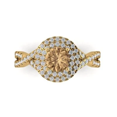 1.3Ct Round Cut Champagne Gemstone Gold Halo Engagement Promise Bridal Ring