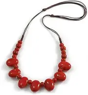 [Avalaya] Red Oval/Round Ceramic Bead Brown Silk Cords Necklace 60-70cm L/Adjustable, One Size, ceramic cords