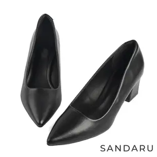 山打努SANDARU-跟鞋 尖頭素面皮革粗方中跟鞋-黑