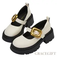 在飛比找Yahoo奇摩購物中心優惠-【Grace Gift】復古方釦圓頭厚底瑪莉珍鞋 米白