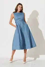 Doris Midi Dress Sleeveless in Blue Cotton 8