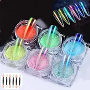 6 Colours Mermaid Chrome Nail Powder Mirror Effect Holographic Aurora Iridescent Pearlescent Manicure Pigment Rainbow Nail Glitter With 6pcs Eyeshadow Sticks