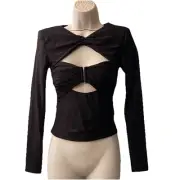 Self Portrait Ruched Cut Out Jersey Top Size 2 Fitted Slim Silhouette Black