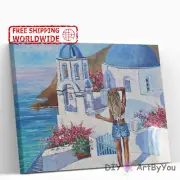 Paint By Numbers Kit Santorini Ocean Beginner Draw Kids Framed Brush Decor Oil